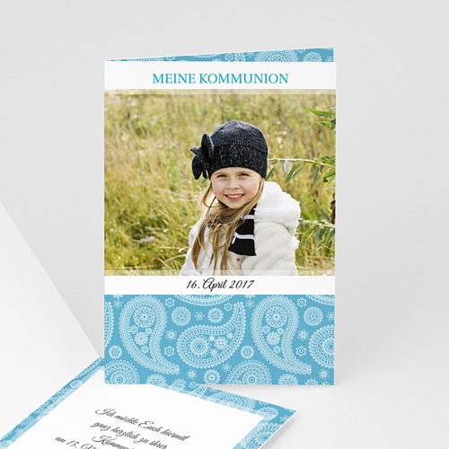 Einladungskarten Kommunion Mädchen - Ornament Blau 1152