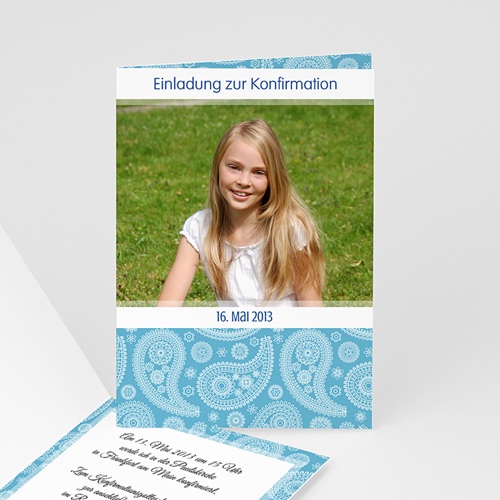 Einladungskarten Konfirmation - Ornament blau - mit Farbvarianten 14636