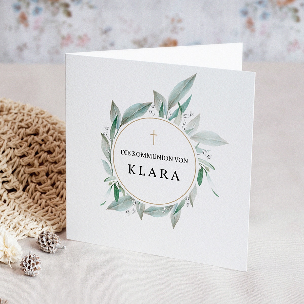 Einladungskarten Kommunion fur Mädchen Blumenkranz, Medaillon und