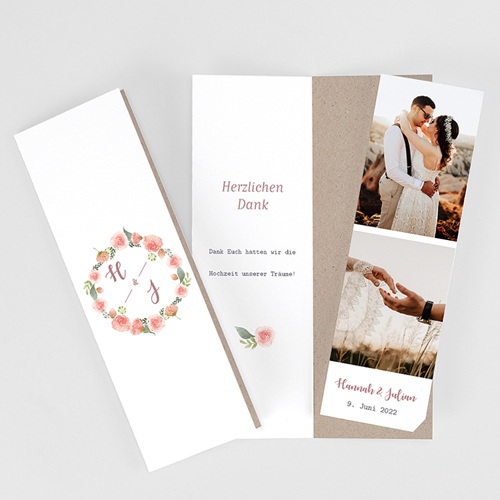 Rustikale Dankeskarten Hochzeit Pfingstrosen Im Kranz Lesezeichenformat Kostenloser Probedruck Carteland 